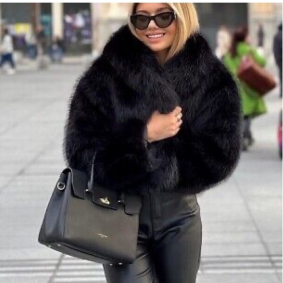 ZARA Black Faux Fur Cropped Coat Jacket NWT
